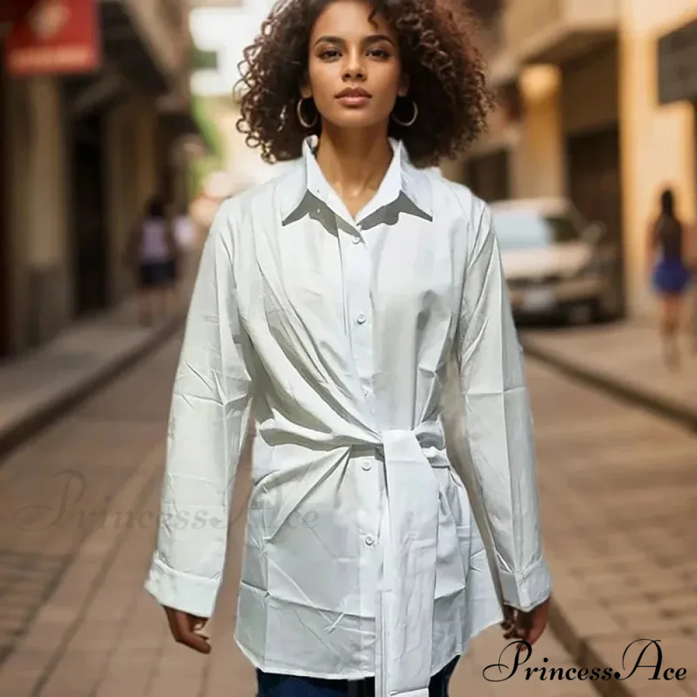 Extended Sleeve Gathered Lace-up Ivory Blouse - Image 2
