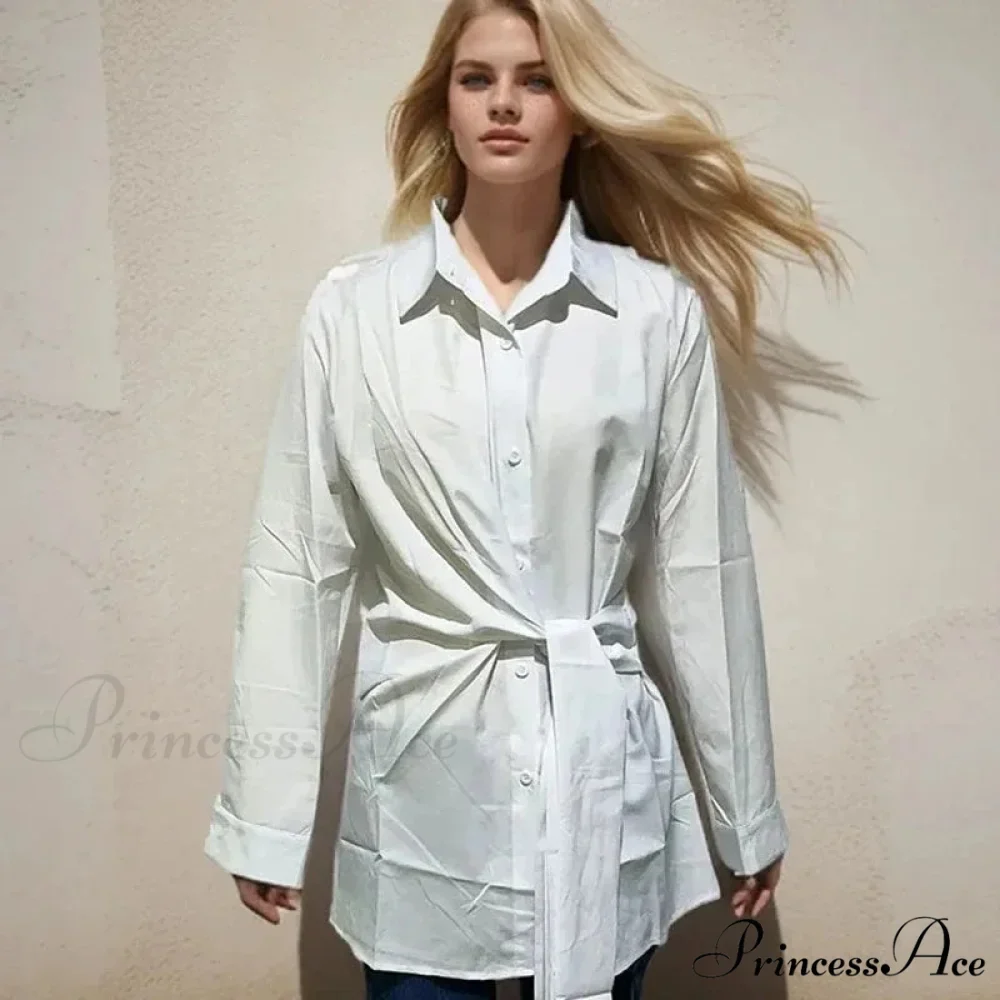 Extended Sleeve Gathered Lace-up Ivory Blouse - Image 4