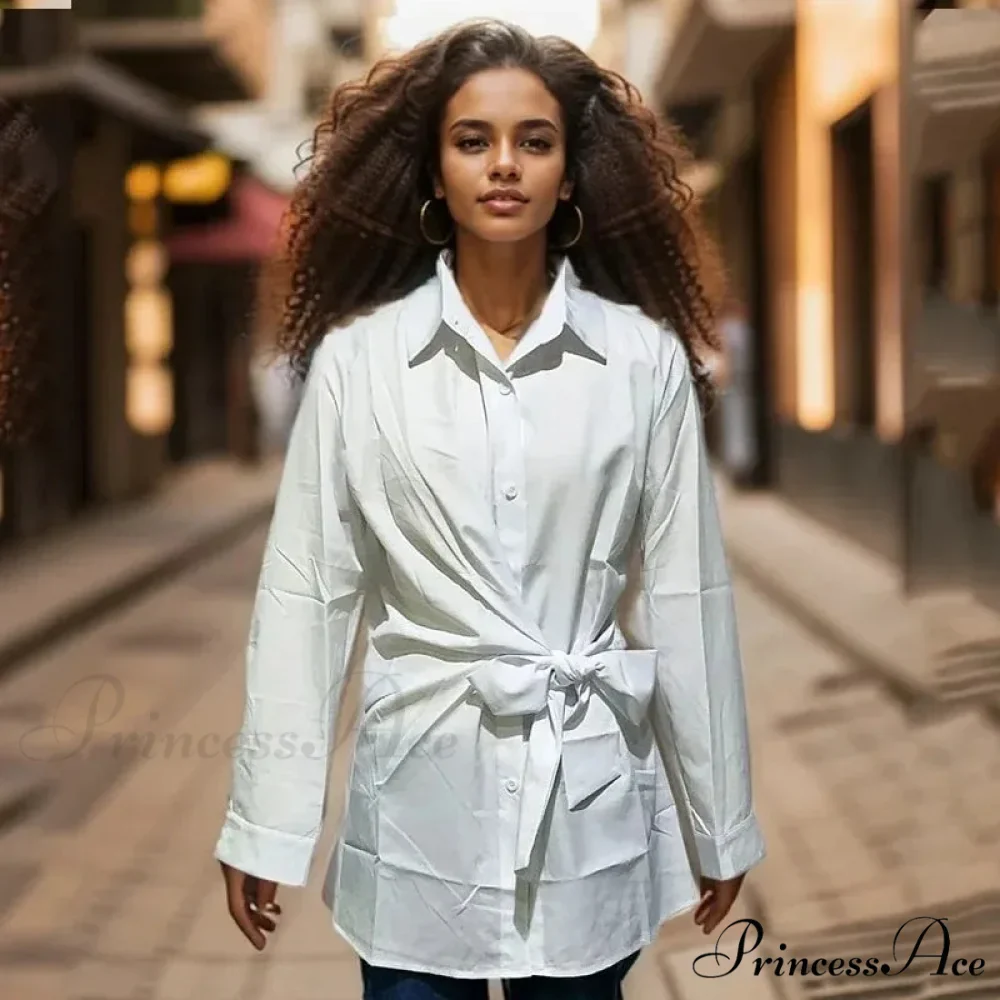 Extended Sleeve Gathered Lace-up Ivory Blouse - Image 5