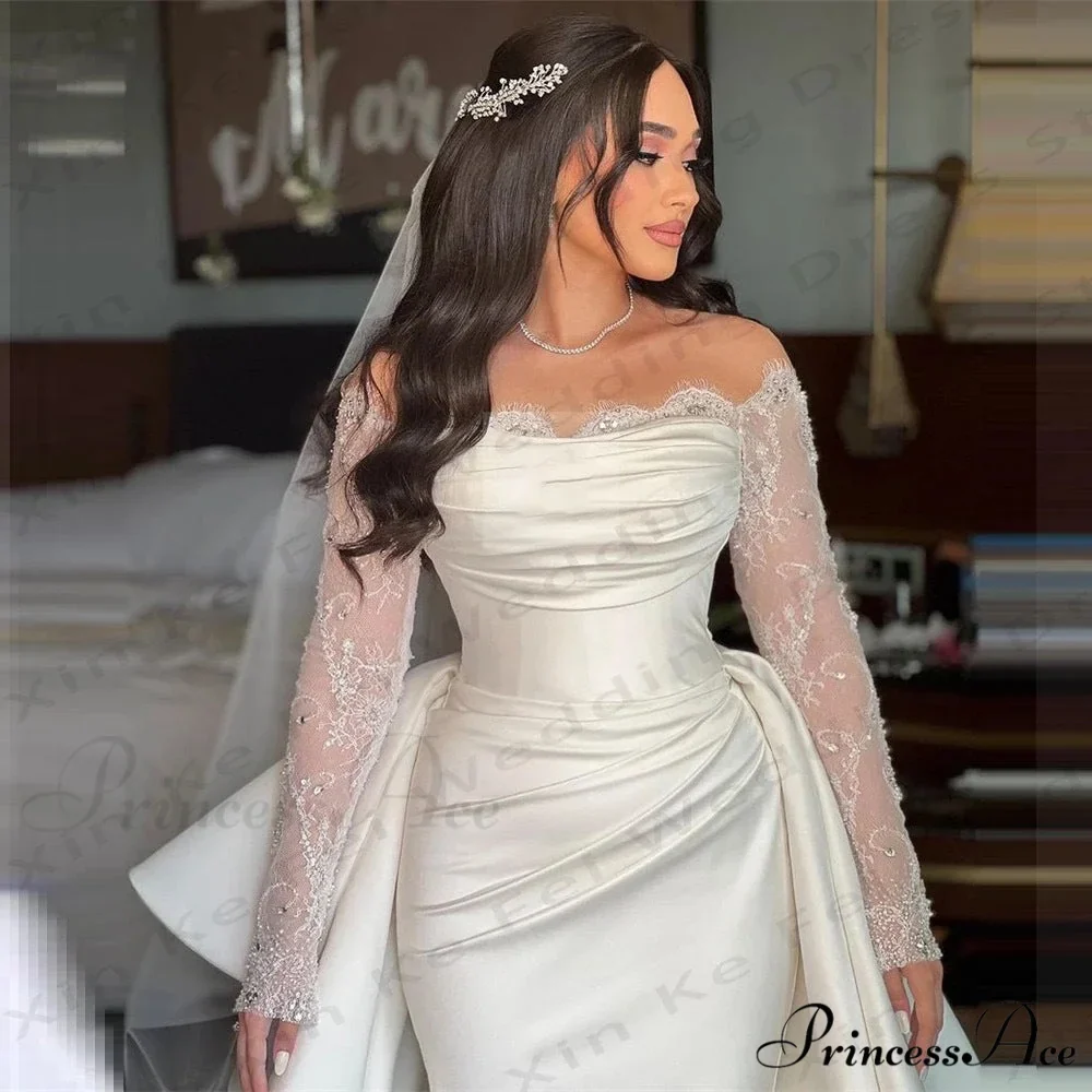 Extended Sleeve Off-Shoulder Silk Bridal Gown - Image 2