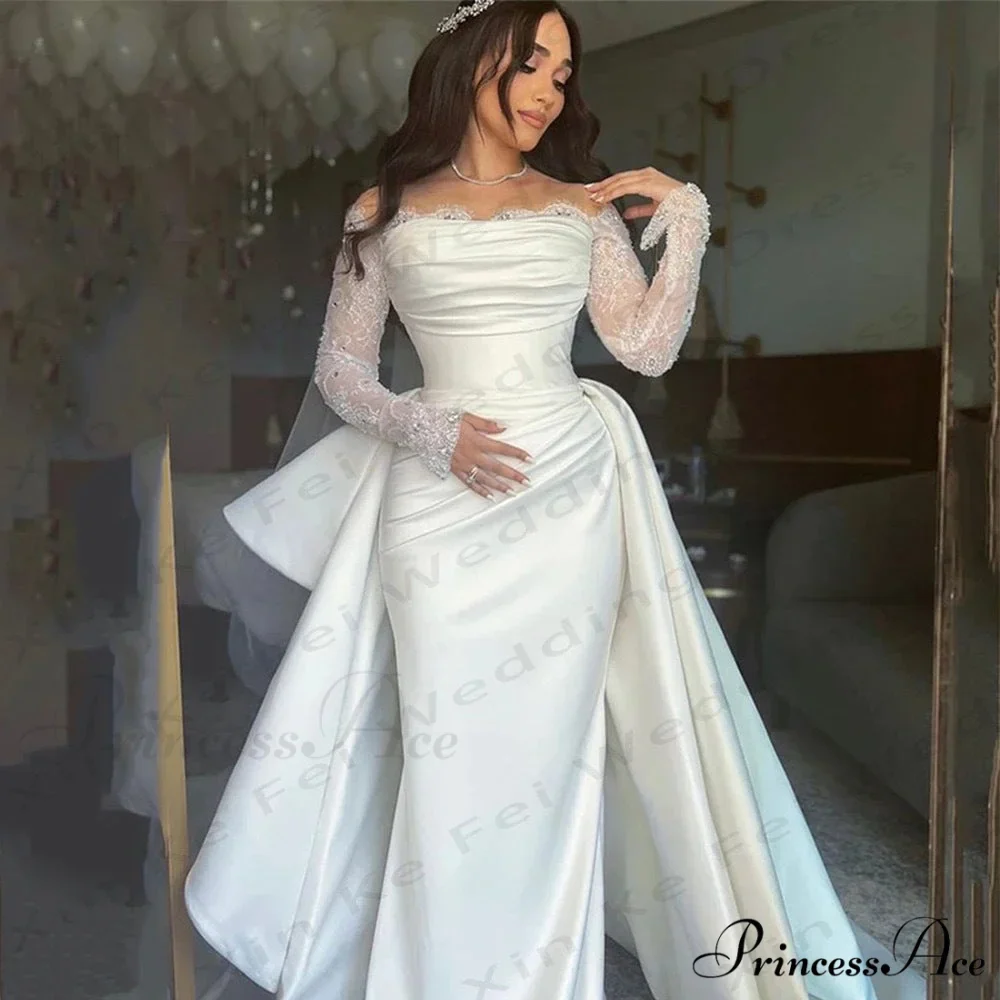 Extended Sleeve Off-Shoulder Silk Bridal Gown - Image 3