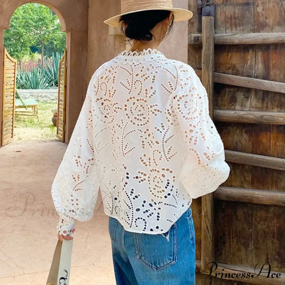 Extended Sleeve V-Neck Empty Out Flowered Lace Boho Top - Image 5