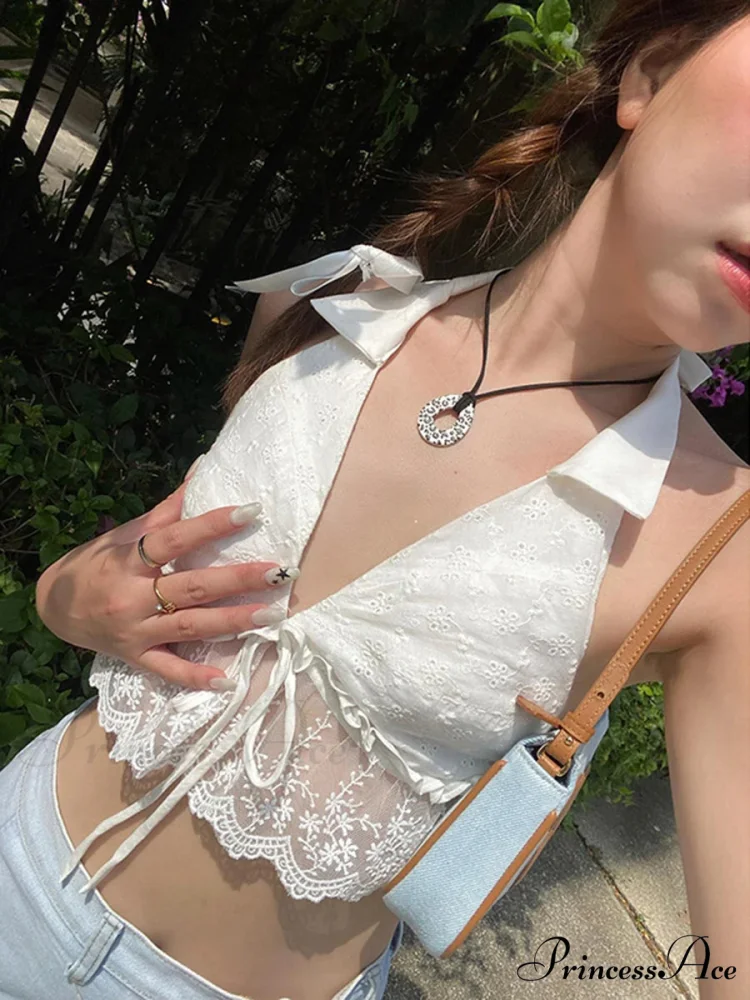 Eyelet Embroidery Halter Lace Frill Open-back Crop Top - Image 2