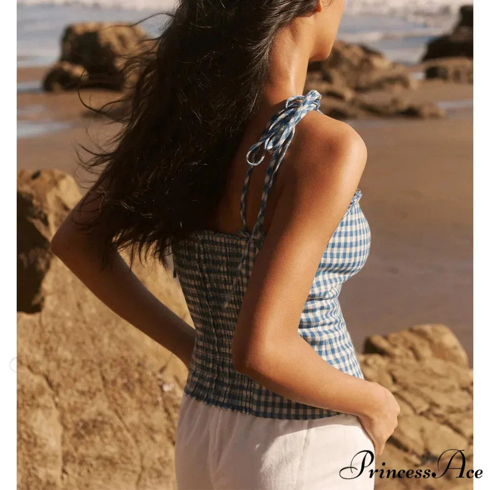 Fabric Check Sweetheart Bow Tie Frill Spaghetti Strap Crop - Image 2