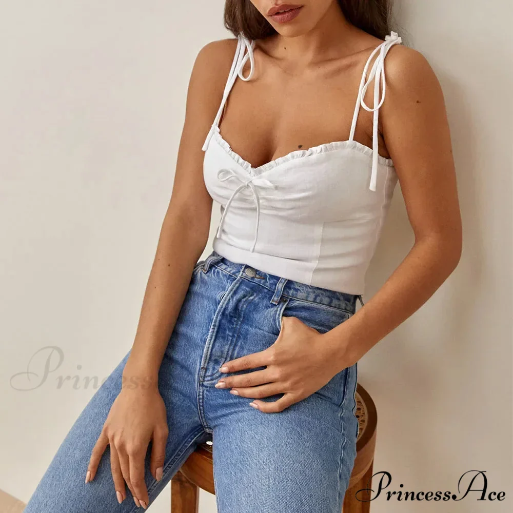Fabric Check Sweetheart Bow Tie Frill Spaghetti Strap Crop - Image 4