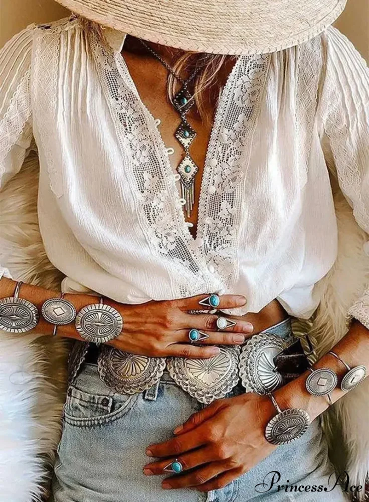 Fabric Flower Stitching Ivory Lace V-Neck Bohemian Top - Image 5