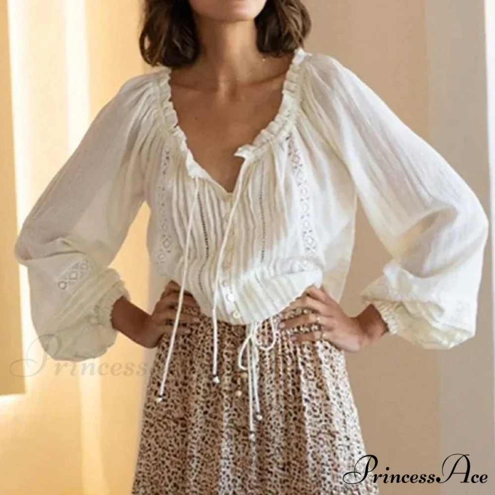 Fabric Flower Stitching Ivory Lace V-Neck Bohemian Top - Image 6