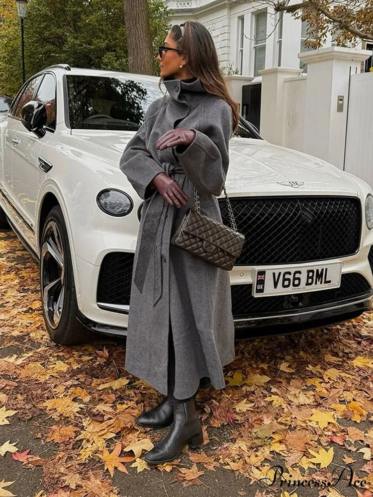 Fabric Lapel Cinched Long Sleeve Overcoat - Image 3