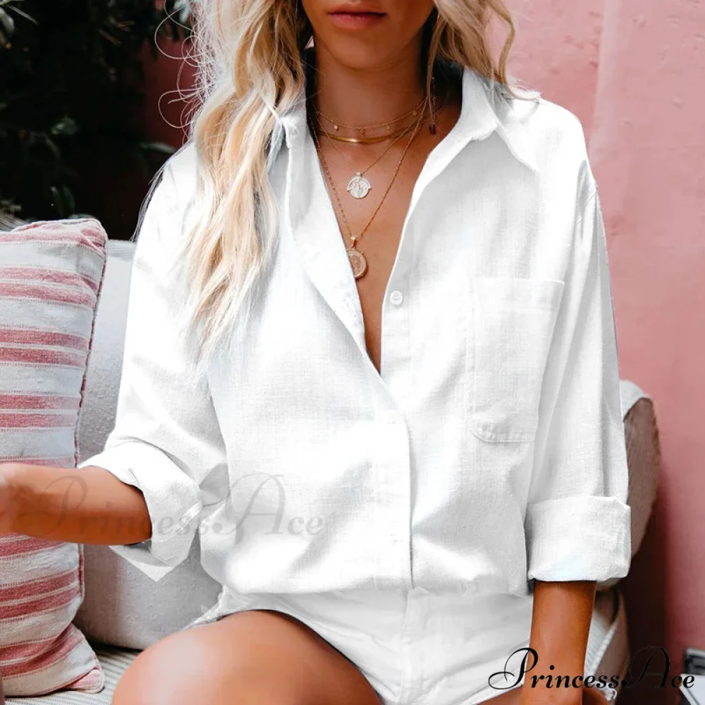 Fabric Linen Extended Sleeve Button-up Workplace Blouse - Image 2