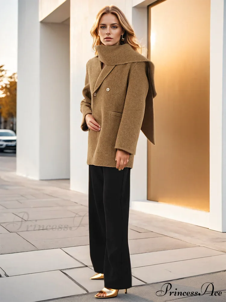 Fabric Scarf Collar Dual-Buttoned Overcoat - Image 2