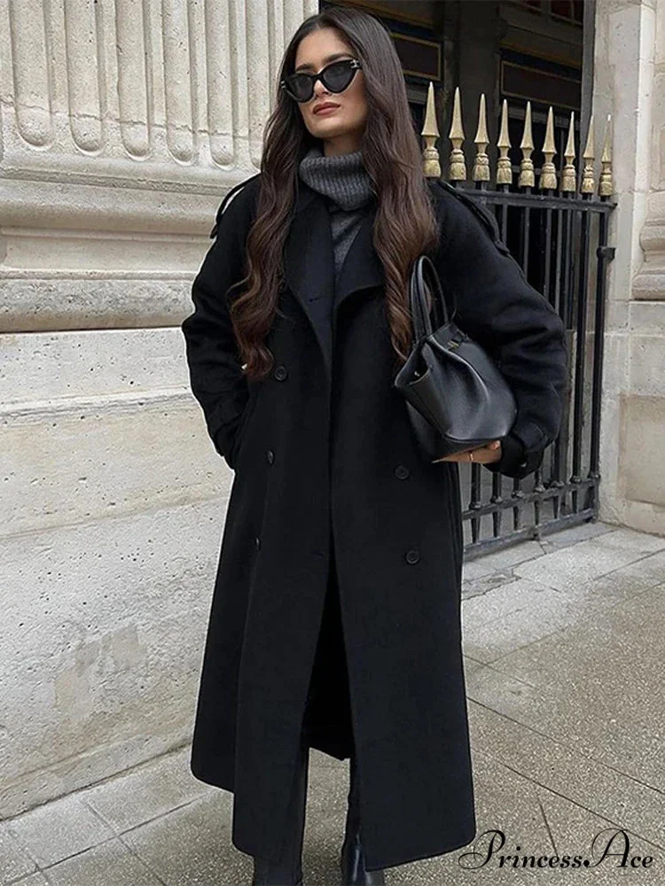 Fabric Trench Cinched Collar Long Sleeve Overcoat - Image 2