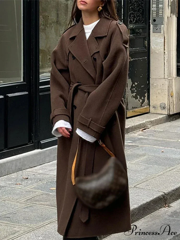 Fabric Trench Cinched Collar Long Sleeve Overcoat - Image 4