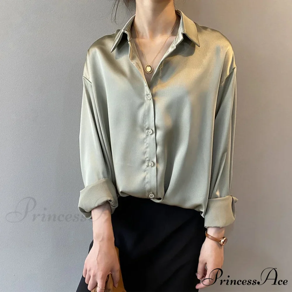 Fall Button Up Silk Retro Ivory Blouse - Image 4