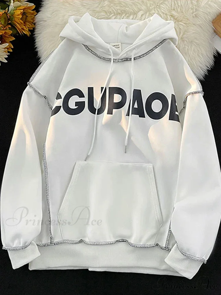 Fall Correspondence Print Baggy Fleece Hoodie - Image 10