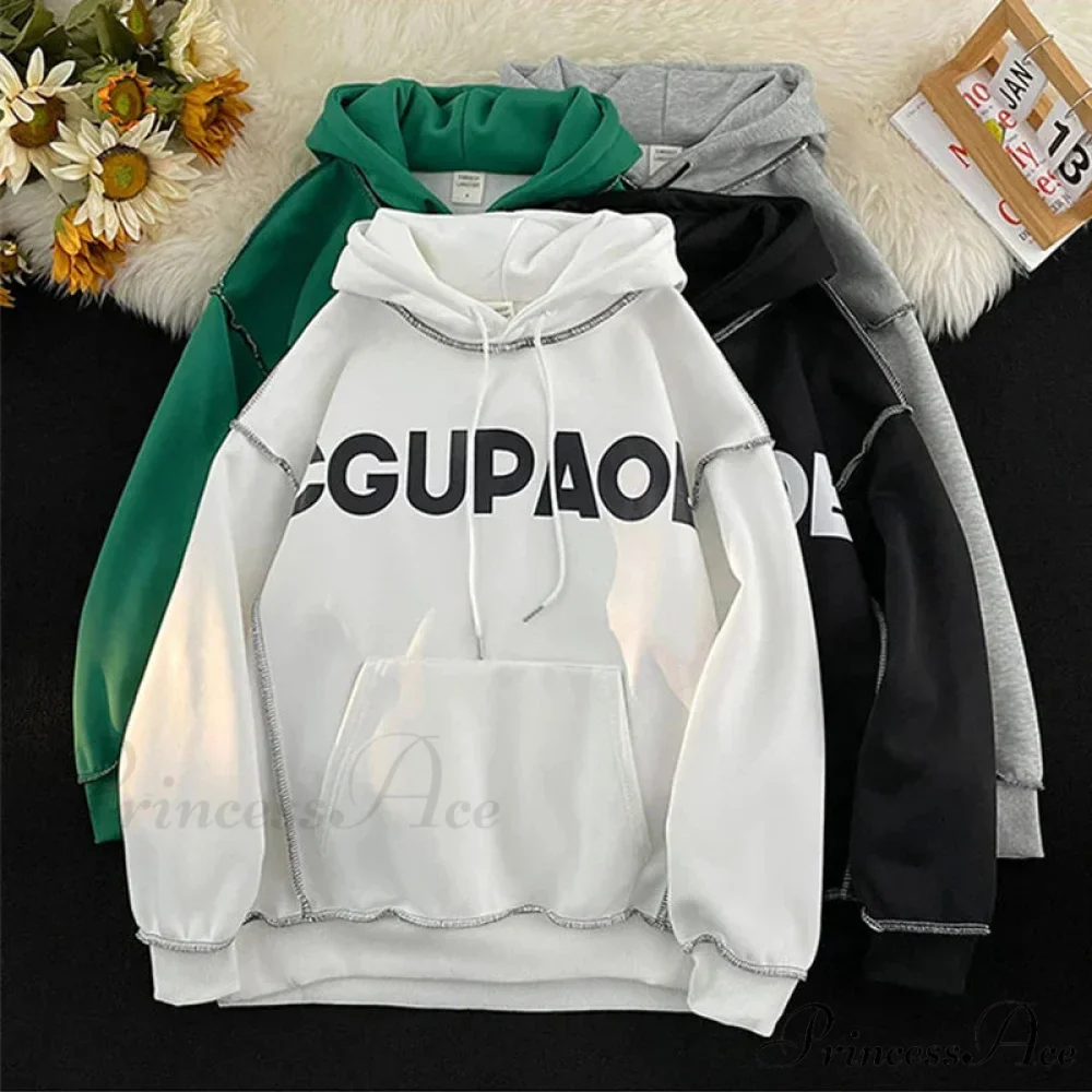 Fall Correspondence Print Baggy Fleece Hoodie - Image 3