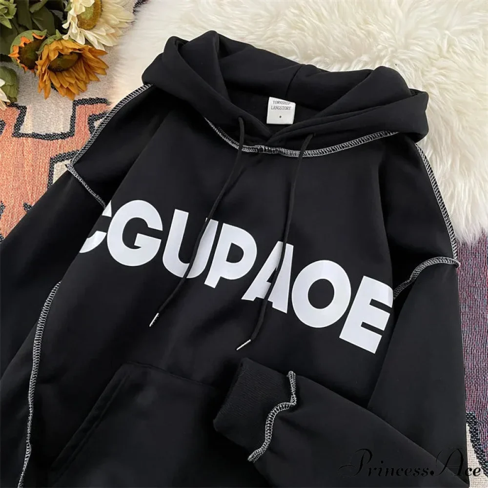 Fall Correspondence Print Baggy Fleece Hoodie - Image 5