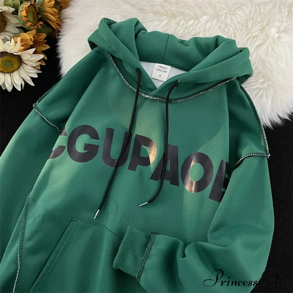 Fall Correspondence Print Baggy Fleece Hoodie - Image 6