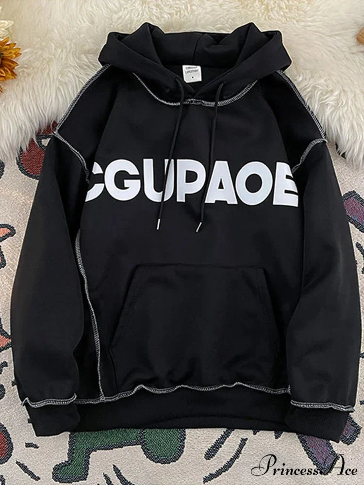 Fall Correspondence Print Baggy Fleece Hoodie - Image 7