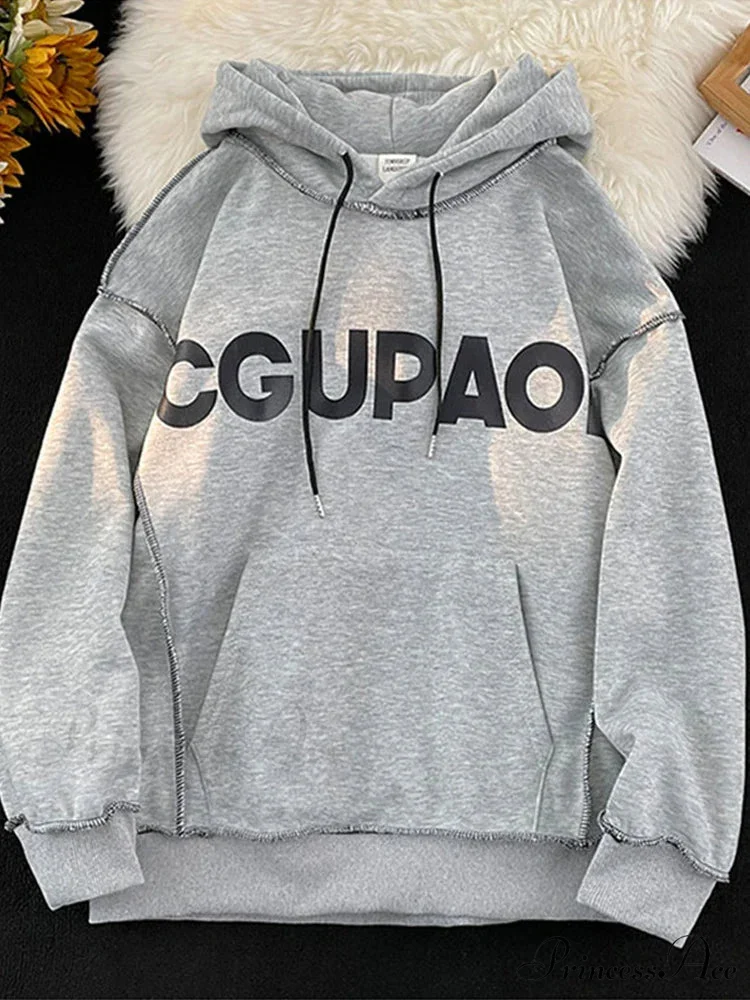 Fall Correspondence Print Baggy Fleece Hoodie - Image 8