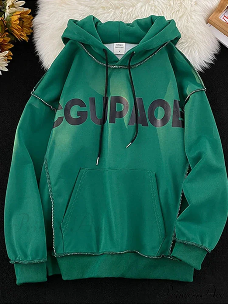 Fall Correspondence Print Baggy Fleece Hoodie - Image 9
