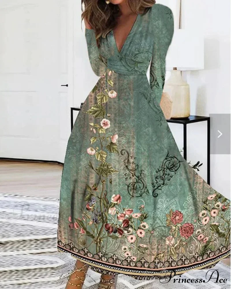 Fall Deep V-neck Blossom Pattern Long Floral Dress - Image 2