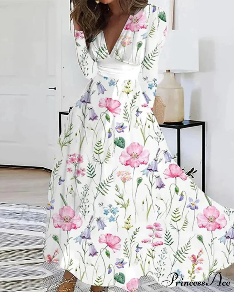 Fall Deep V-neck Blossom Pattern Long Floral Dress - Image 3