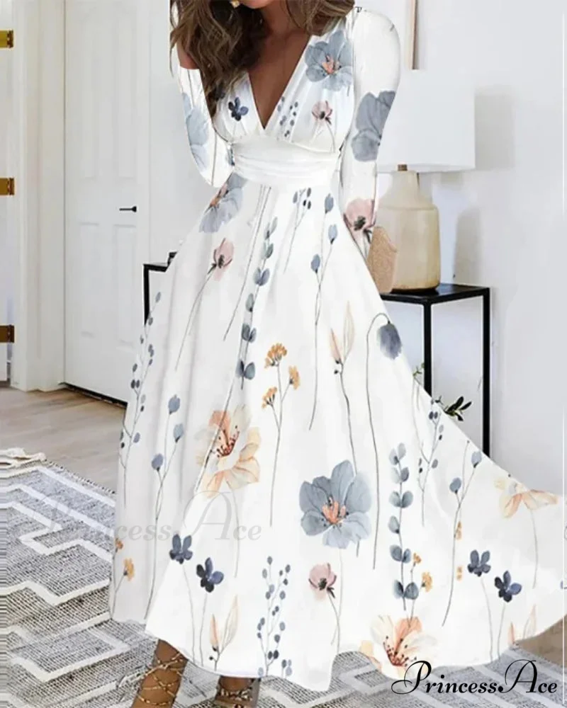 Fall Deep V-neck Blossom Pattern Long Floral Dress - Image 4