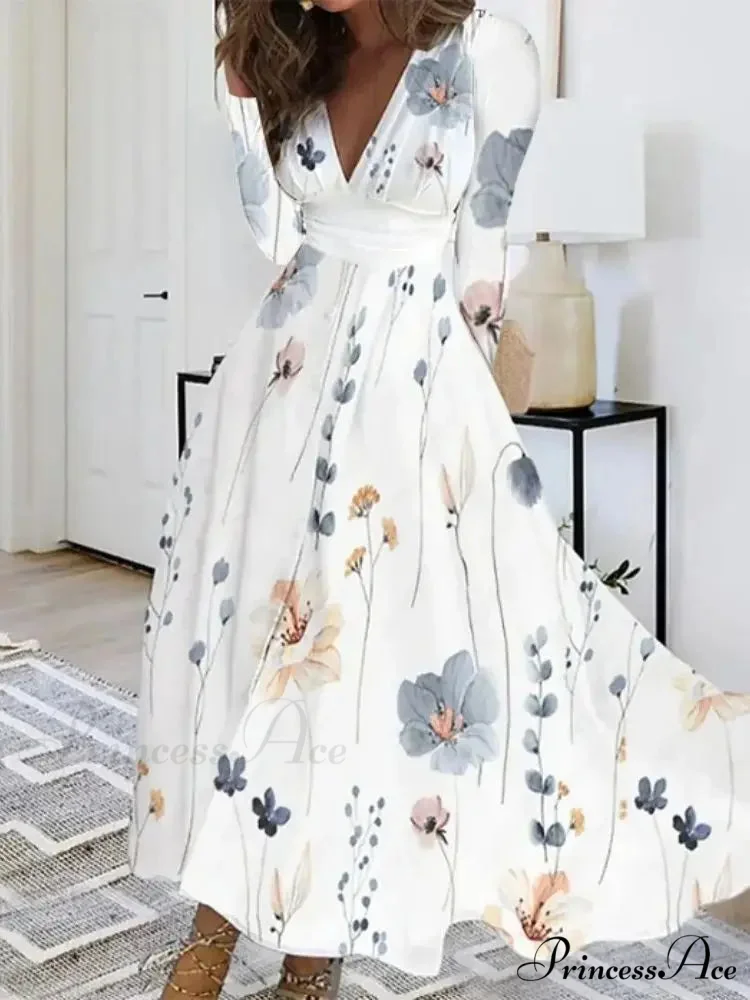Fall Deep V-neck Blossom Pattern Long Floral Dress - Image 5
