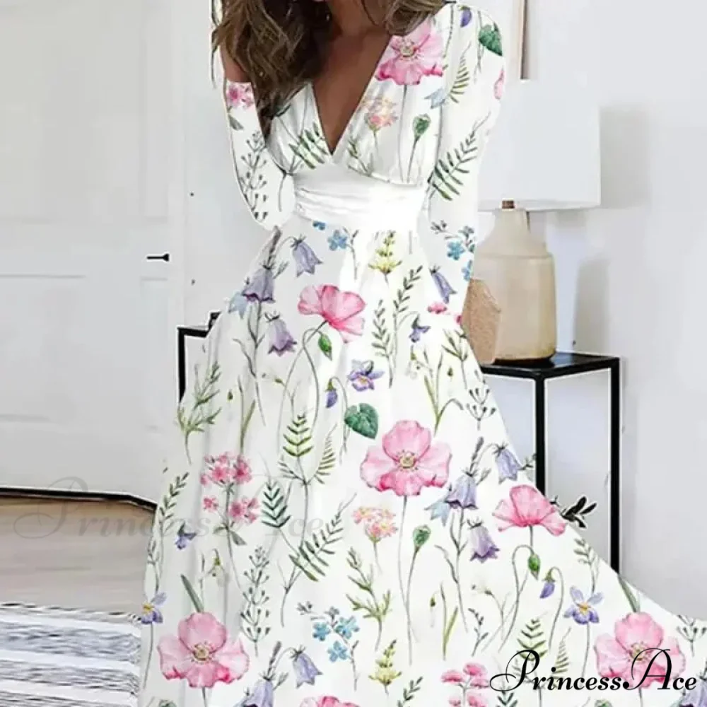 Fall Deep V-neck Blossom Pattern Long Floral Dress - Image 6