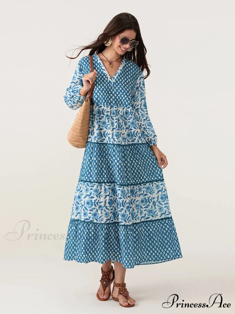 Fall Flower Long Sleeve V-Neck Loose A-Line Flower Dress - Image 2