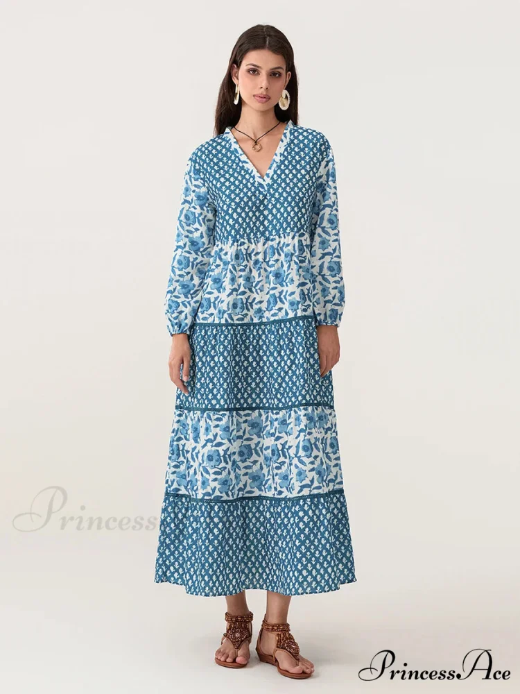 Fall Flower Long Sleeve V-Neck Loose A-Line Flower Dress - Image 3
