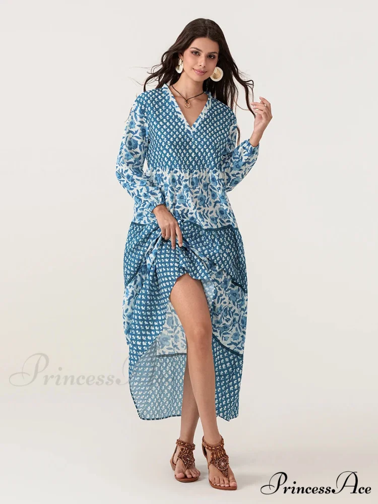 Fall Flower Long Sleeve V-Neck Loose A-Line Flower Dress - Image 4