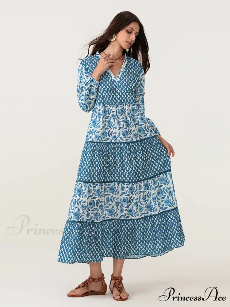 Fall Flower Long Sleeve V-Neck Loose A-Line Flower Dress - Image 5