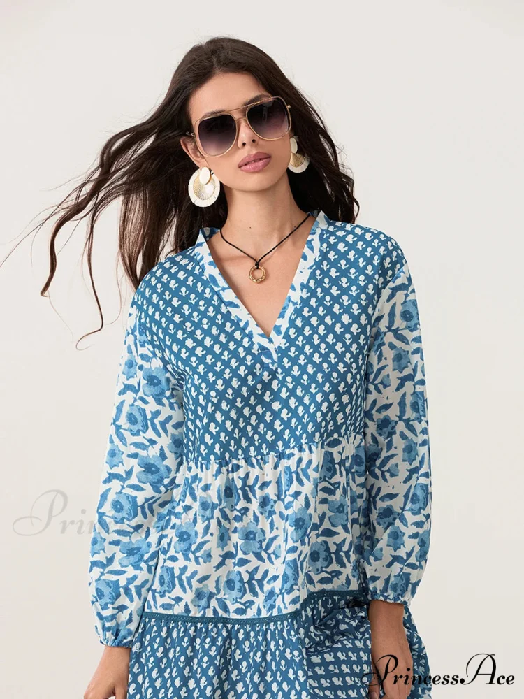 Fall Flower Long Sleeve V-Neck Loose A-Line Flower Dress - Image 6