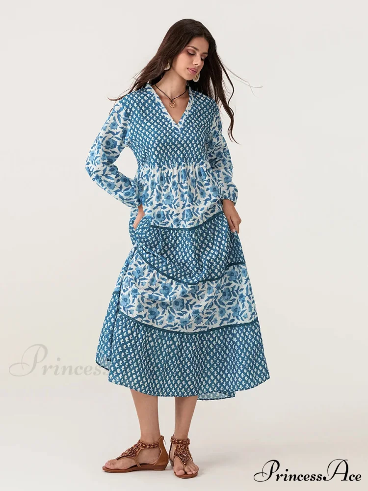 Fall Flower Long Sleeve V-Neck Loose A-Line Flower Dress - Image 7