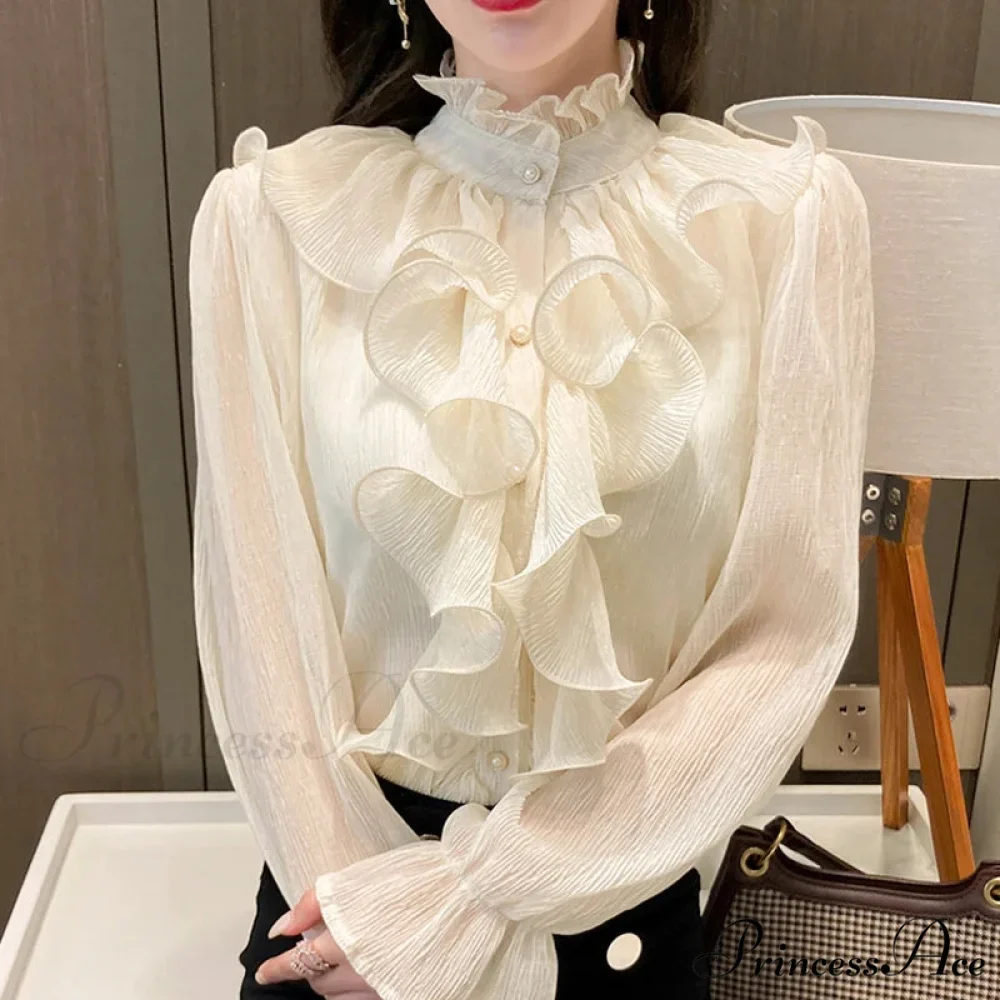 Fall Frilled Lace Chiffon High Neck Blouse - Image 2