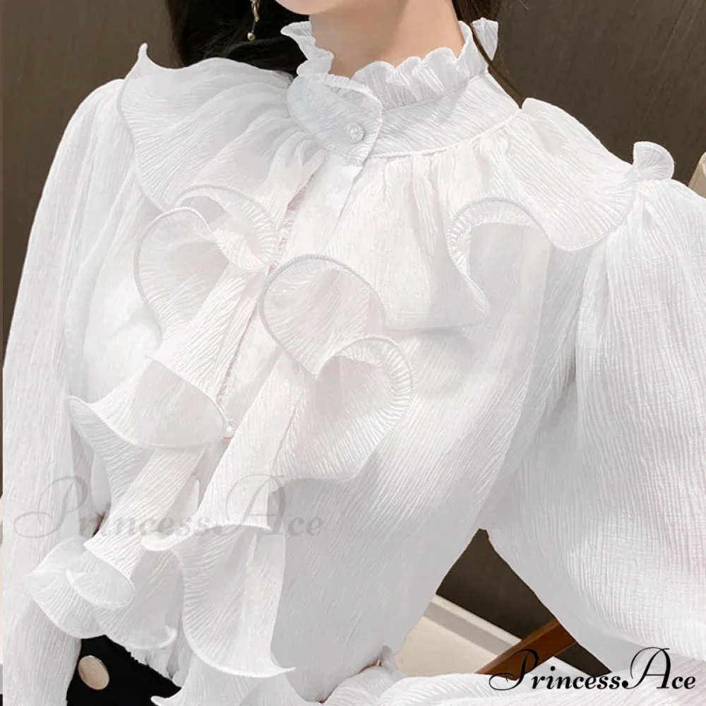 Fall Frilled Lace Chiffon High Neck Blouse - Image 3