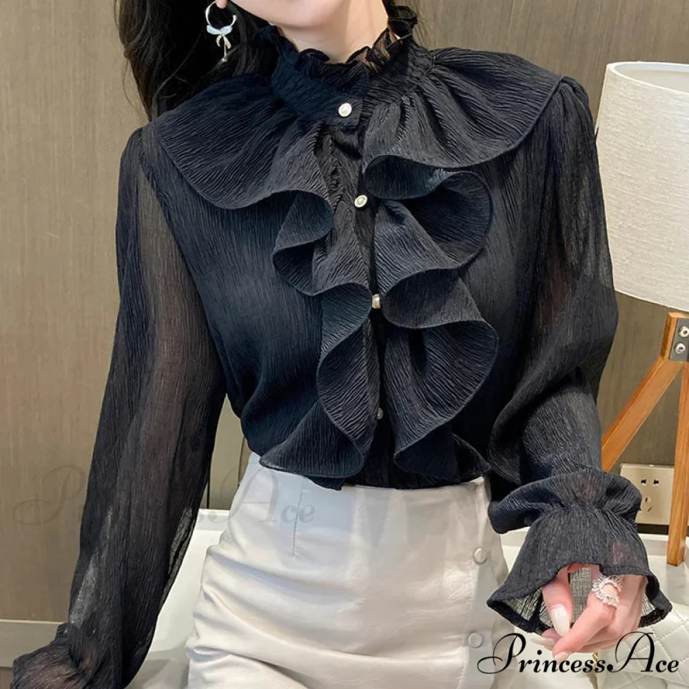 Fall Frilled Lace Chiffon High Neck Blouse - Image 4