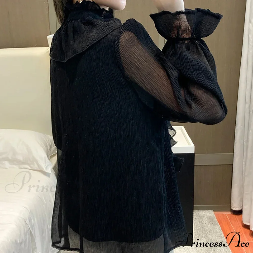 Fall Frilled Lace Chiffon High Neck Blouse - Image 5