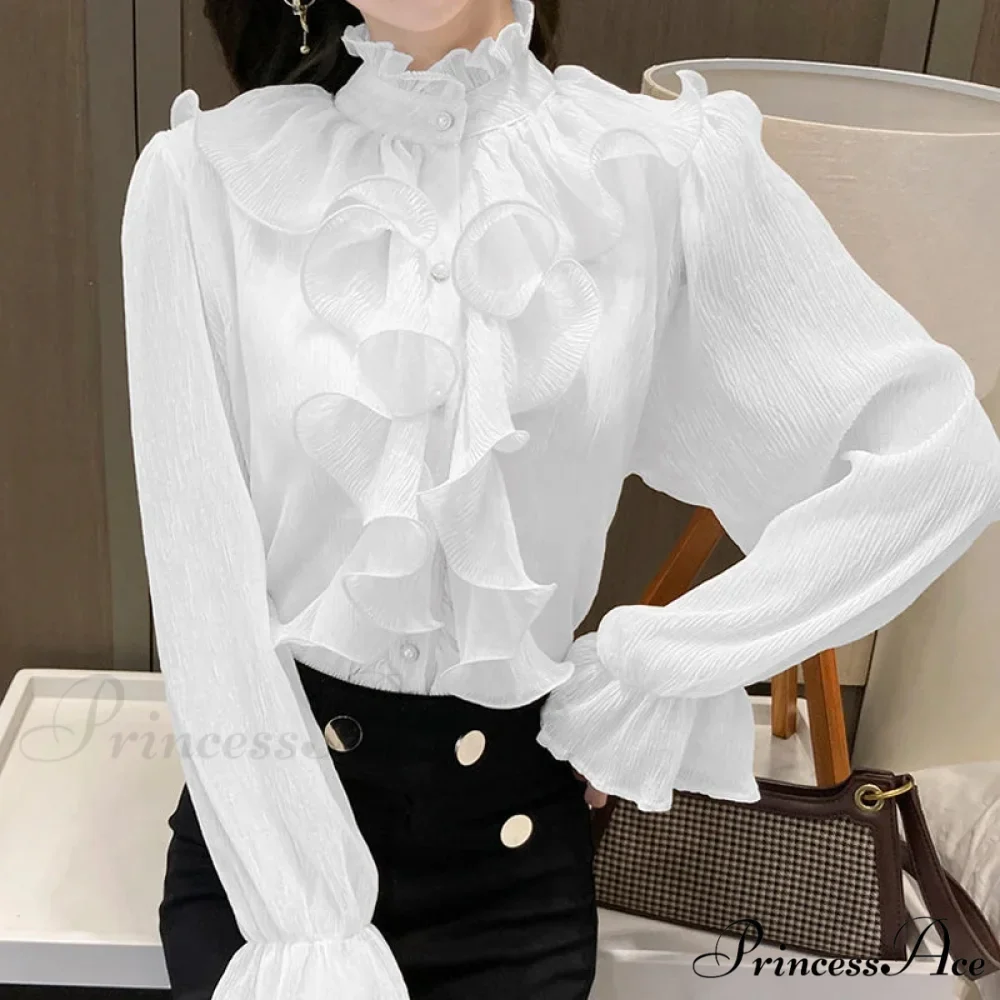 Fall Frilled Lace Chiffon High Neck Blouse - Image 6