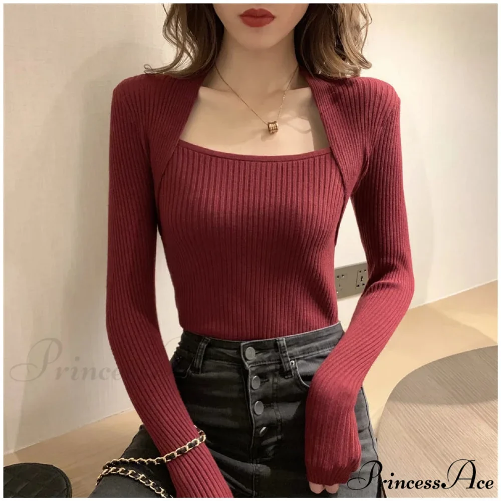 Fall Winter Square Shawl Neckline Pullover Seductive Knit Top - Image 2