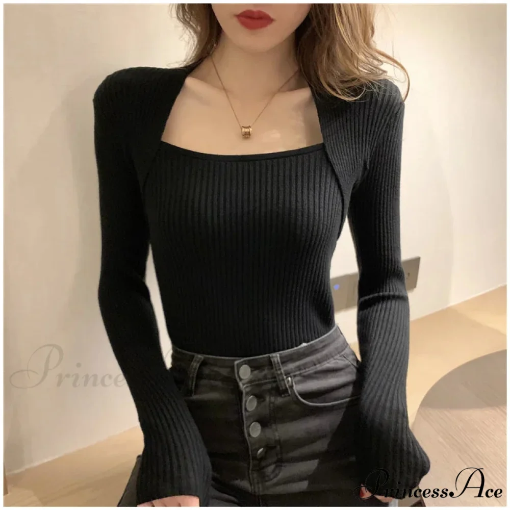 Fall Winter Square Shawl Neckline Pullover Seductive Knit Top - Image 5