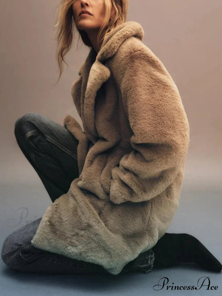 False Fur Lapel Extended Sleeve Cozy Overcoat - Image 2