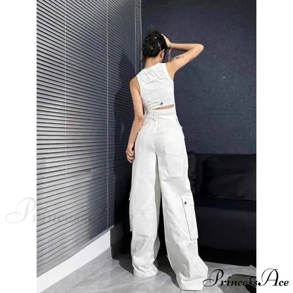 Fashionable White Cargo Jeans Wide Leg Trousers - Image 4