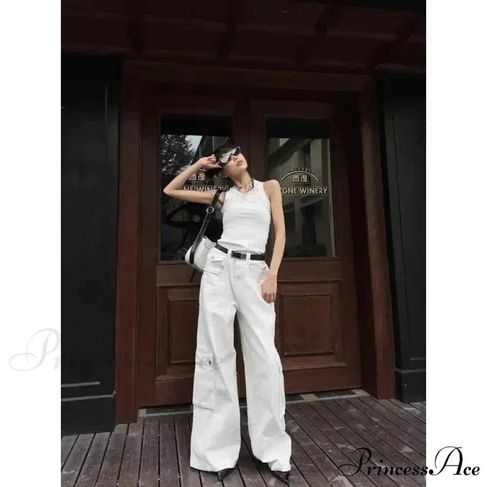 Fashionable White Cargo Jeans Wide Leg Trousers - Image 5