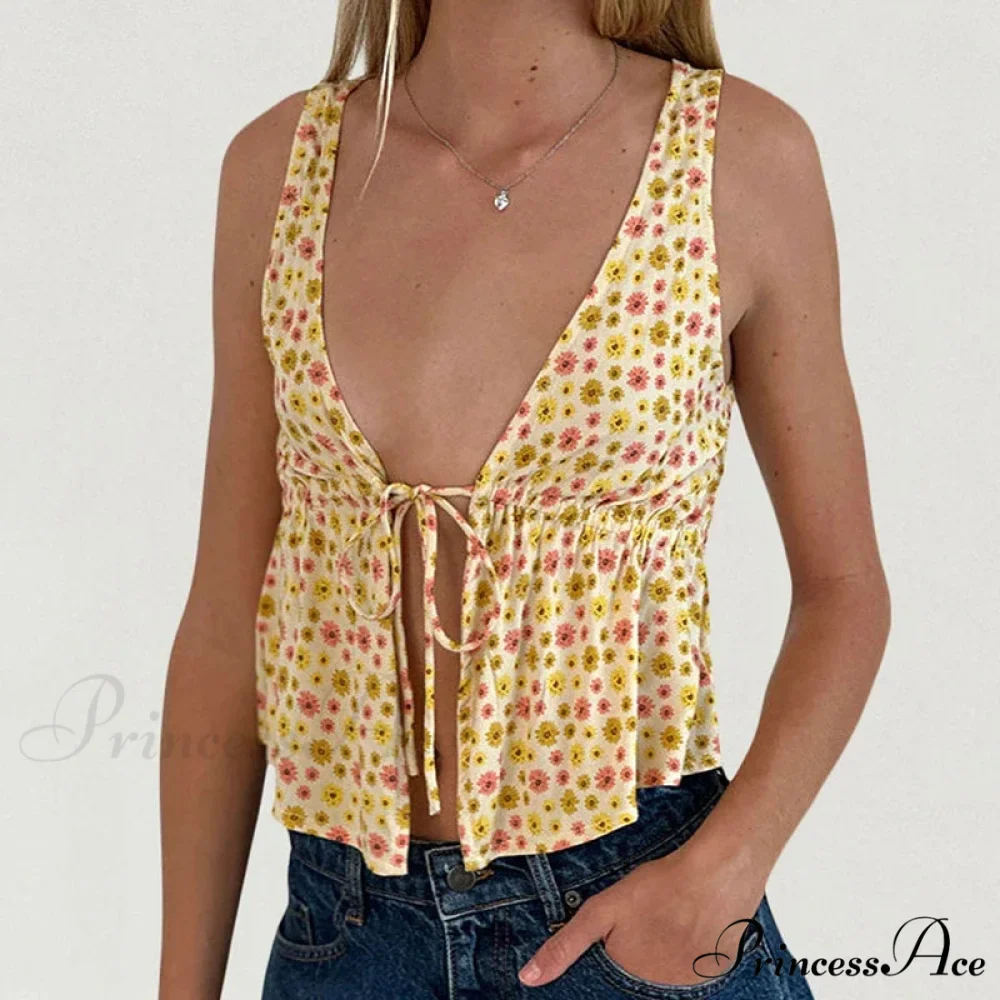 Fasten Front Underbust Drawcord Floral Pattern V Neck Sleeveless Enchanting Backless Crop Top - Image 2