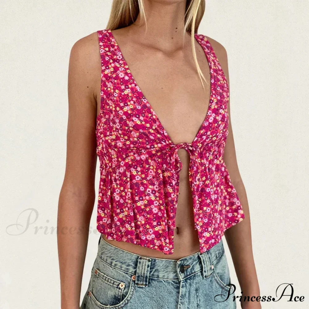 Fasten Front Underbust Drawcord Floral Pattern V Neck Sleeveless Enchanting Backless Crop Top - Image 3