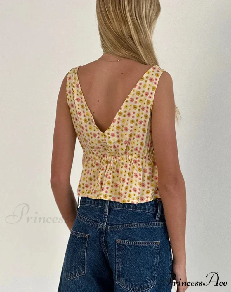 Fasten Front Underbust Drawcord Floral Pattern V Neck Sleeveless Enchanting Backless Crop Top - Image 5
