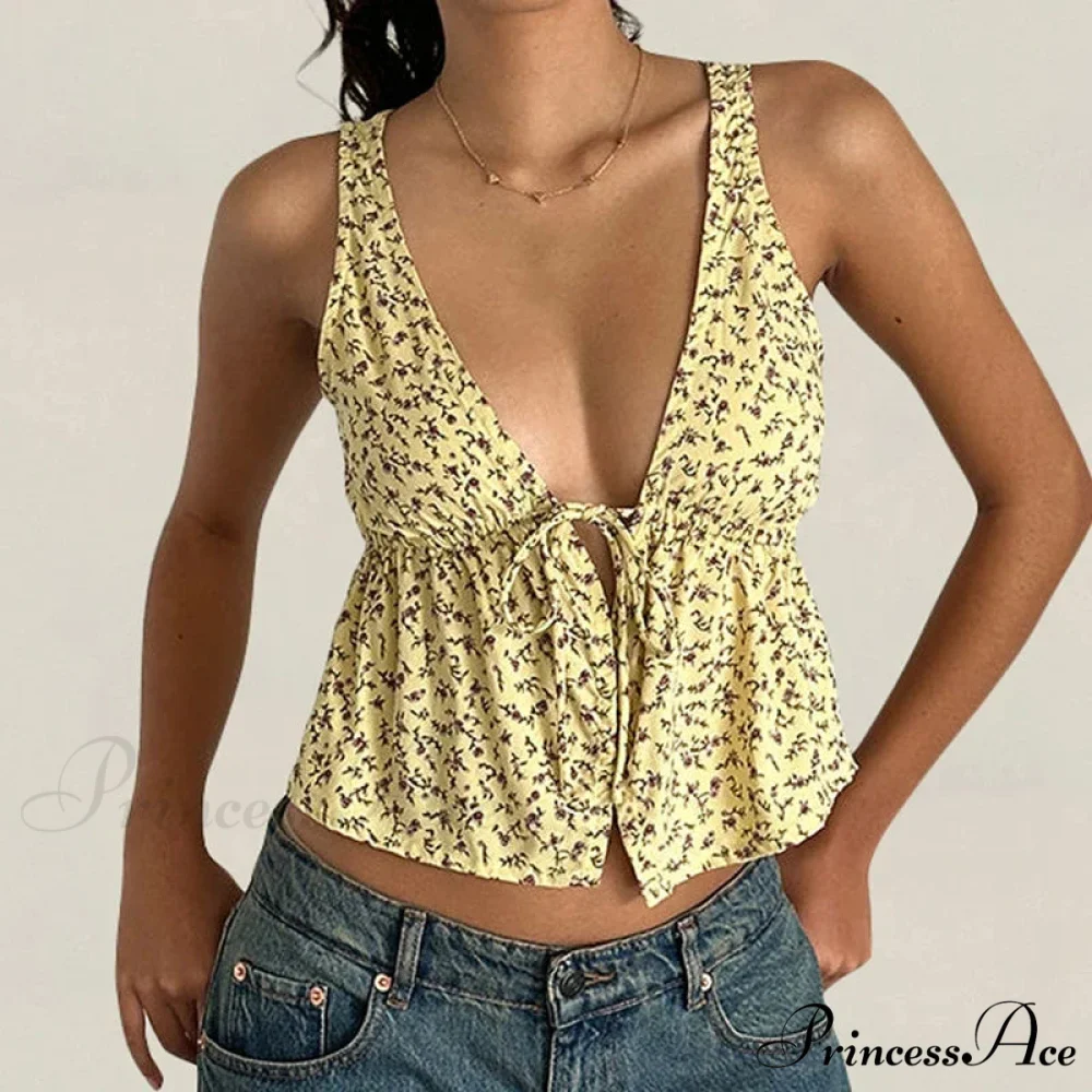 Fasten Front Underbust Drawcord Floral Pattern V Neck Sleeveless Enchanting Backless Crop Top - Image 6