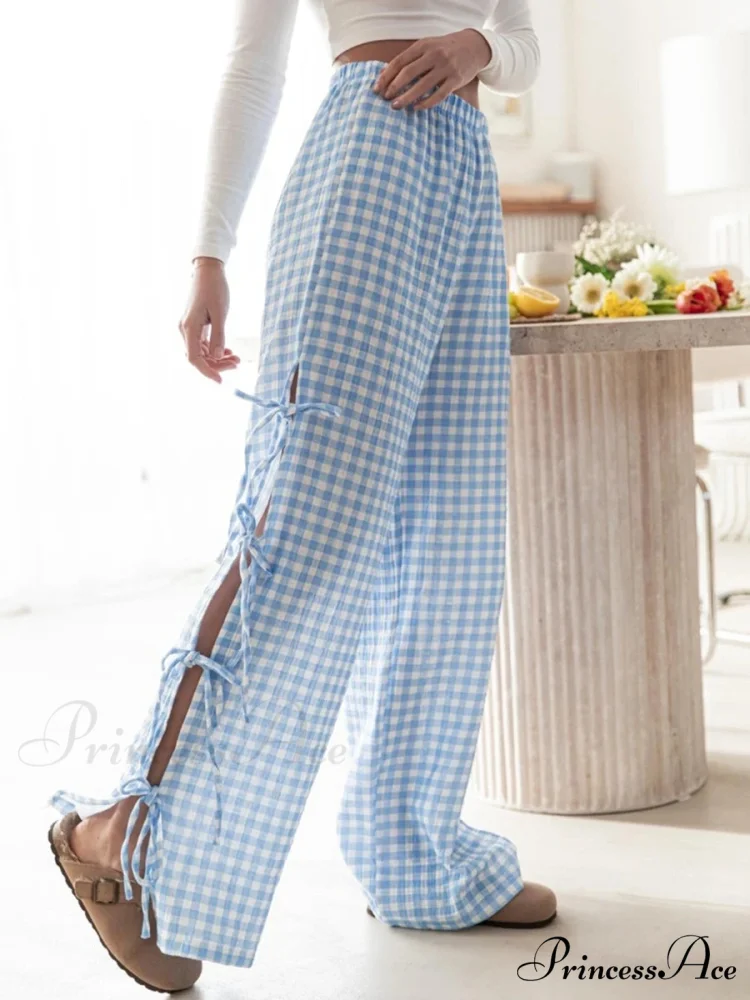 Fasten-Up Plaid Stripe Baggy Polyester Wide Leg Pant - Image 3